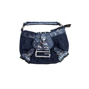 GUESS Rare Black Monogram Mini Hobo Bag Silver Studded Rhinestone G Buckle Y2K